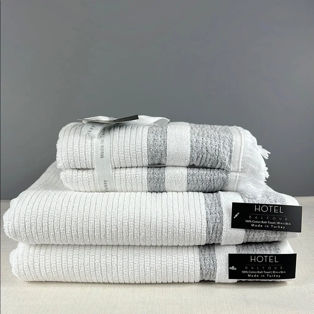 Hotel Balfour Bathroom Towel Set 4 Piece White Tan 100% Cotton 2 Bath 2 Hand NEW